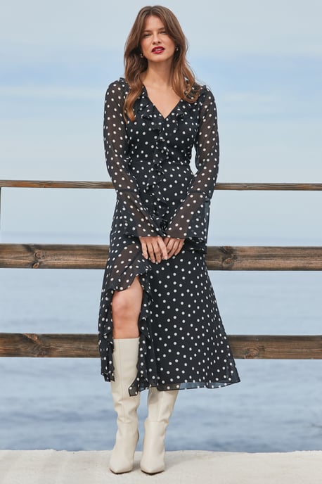 Petite Black Spot Print Ruffle Detail Fluted Sleeve Midi Dress