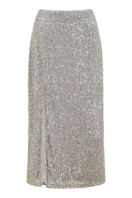 Silver Sequin Fitted Skirt With Front Slit