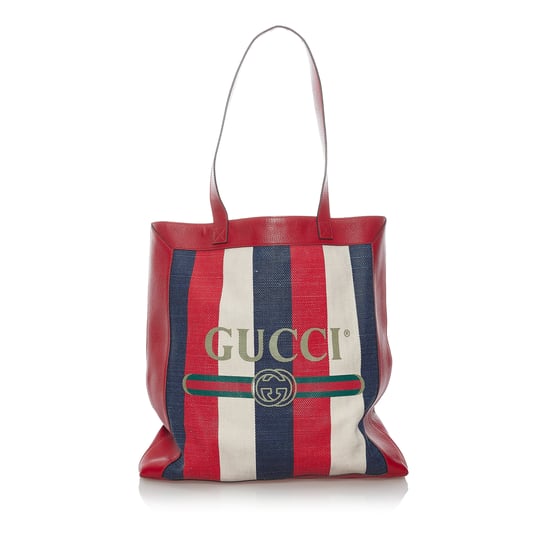 Vintage Gucci 2018 Logo Striped Tote Bag Red