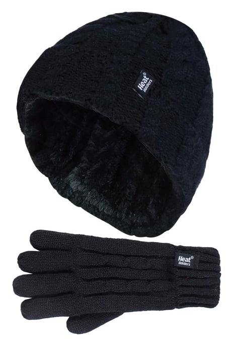 Heat Holders - Kids Girls Cute Cable Knitted Warm Fleece Lined Pompom Winter Hat and Gloves Set with Bobble - BS3P14 - Image 1