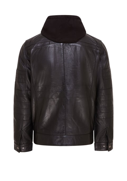 Mens Black Hooded Leather Biker Jacket - Stavern