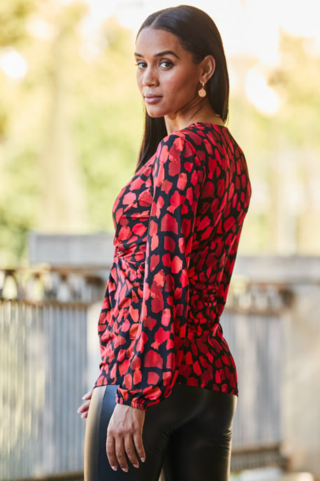 Red Fleck Print Wrap Front Blouson Sleeve Top