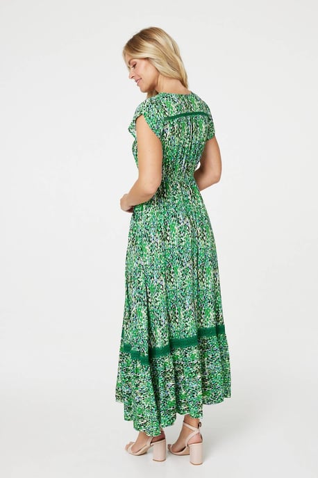 Green Printed Lace Detail Maxi Dress
