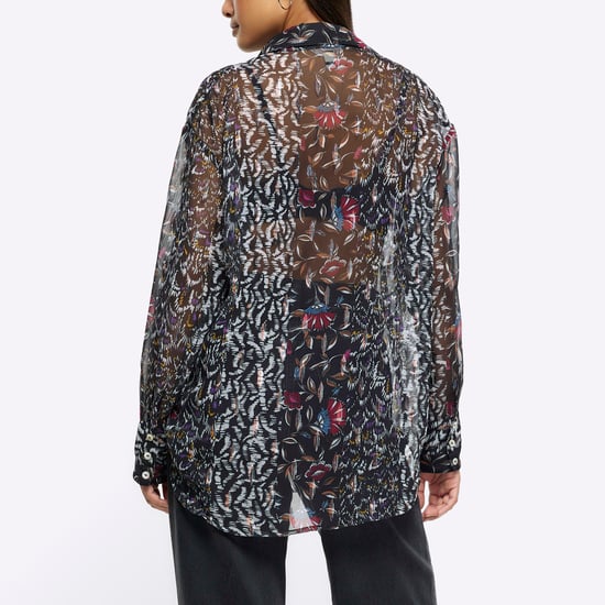 River Island Womens Shirt Black Chiffon Floral Long Sleeve