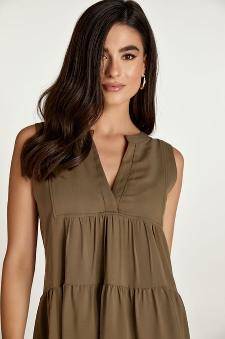 Sleeveless Olive Colour A Line Dress