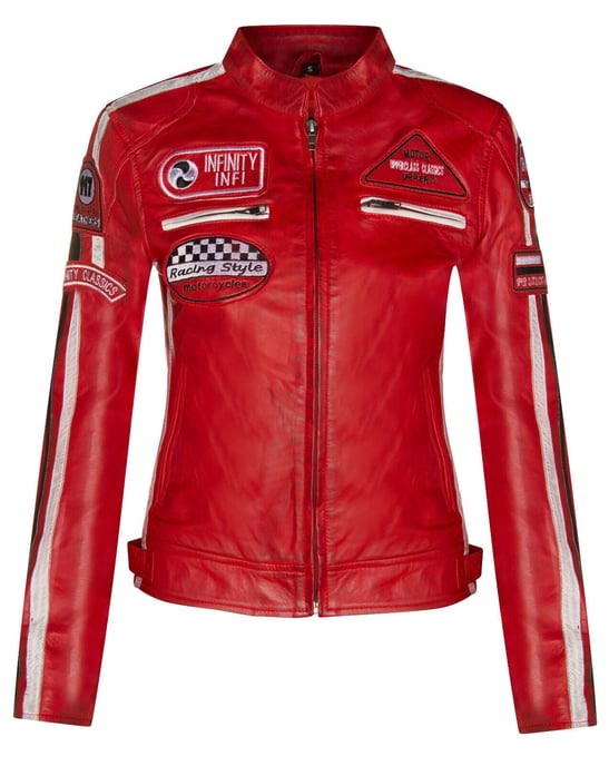 Womens Leather Biker Racing Badges Jacket-Agadir