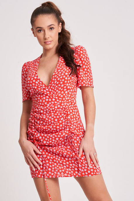 RED KATRINE RUCHED DETAIL DRESS