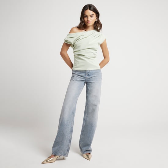 River Island Womens Drape Top Green Off Shoulder Short Sleeve