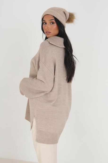 Stone Oversized Zip Collar Knitted Jumper