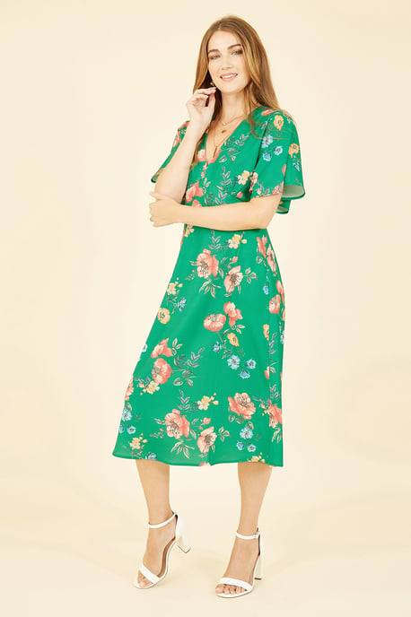 Green Floral Kimono Midi Dress