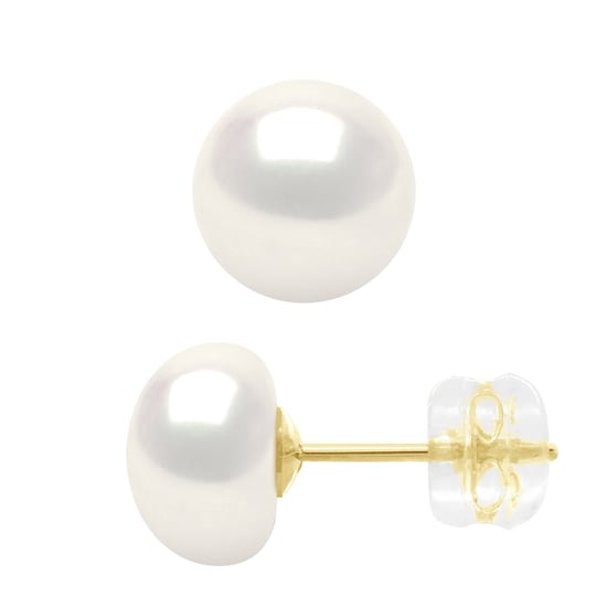 Earrings Yellow Gold - Real Cultured Freshwater Pearls Button 8-9 mm