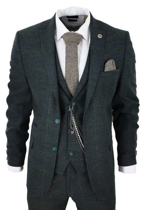 Mens 3 Piece Wool Suit Olive Green Tweed Check Peaky Blinders 1920 Gatsby Formal - Image 1