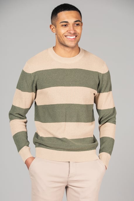 Beige Recycled Cotton Crew Neck Striped Waffle Jumper