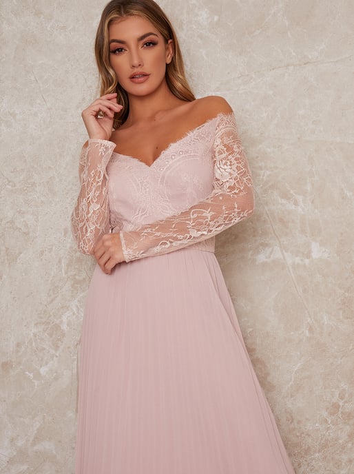 Curve Lace Bridesmaid Maxi Dress With Long Sleeves in Blush