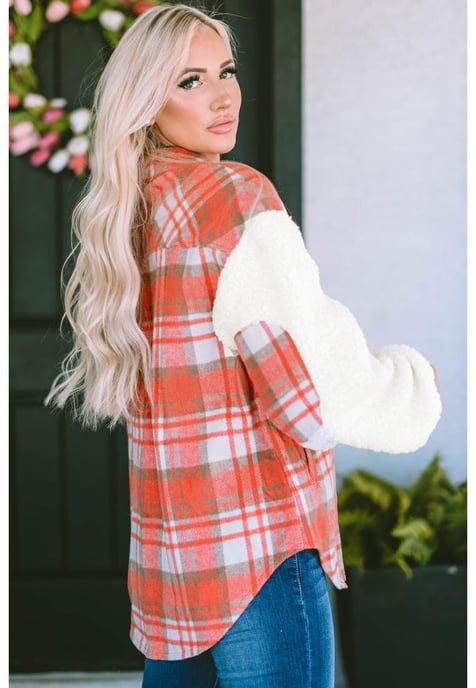 Women's Sherpa Sleeve Plaid Print Shacket in Red - Image 2