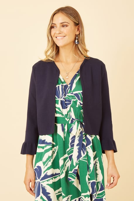 Yumi Navy Cropped Cardigan With Bell Sleeves