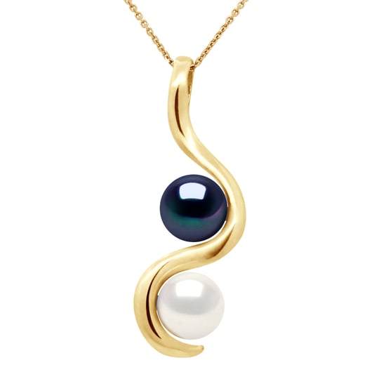 DIADEMA - Pendant You & Me - 2 Real Freshwater Pearls - White and Black - Yellow Gold