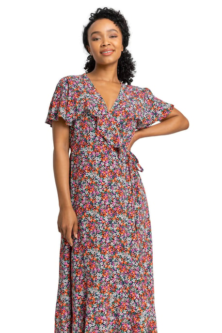 Petite Ditsy Floral Frill Wrap Midi Dress