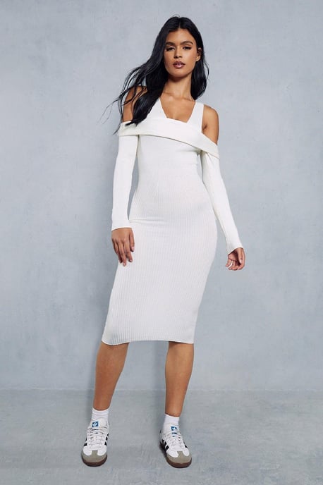 Knitted Ribbed Plunge Bardot Midaxi Dress