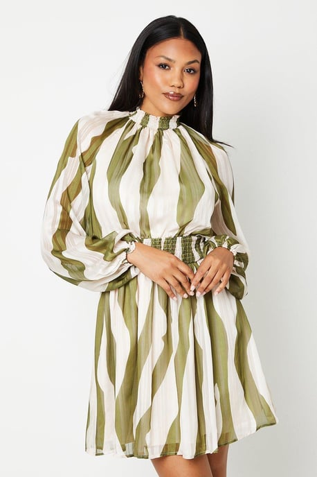Printed High Neck Blouson Sleeve Mini Dress - Image 2