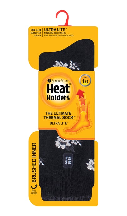 Heat Holders - Ladies Ultra Lite Thermal Brushed Inner Yarn Design Socks - Black Floral (Bellis) - Image 2