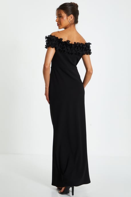 Black Bardot Ruffle Ruched Maxi Dress - Image 3