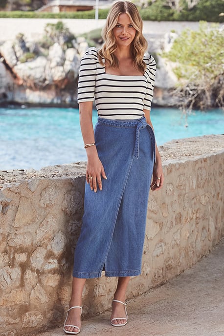 Mid Blue Denim Tie Waist Midi Skirt