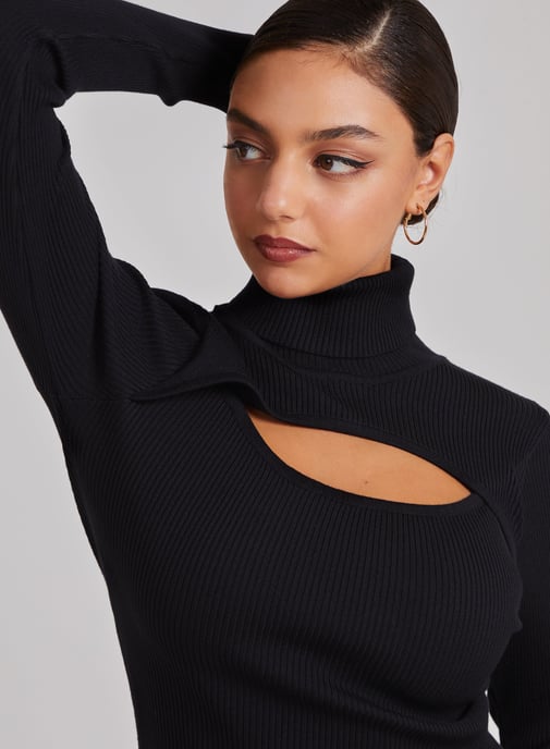 Ribbed Roll Neck Front Split Dress