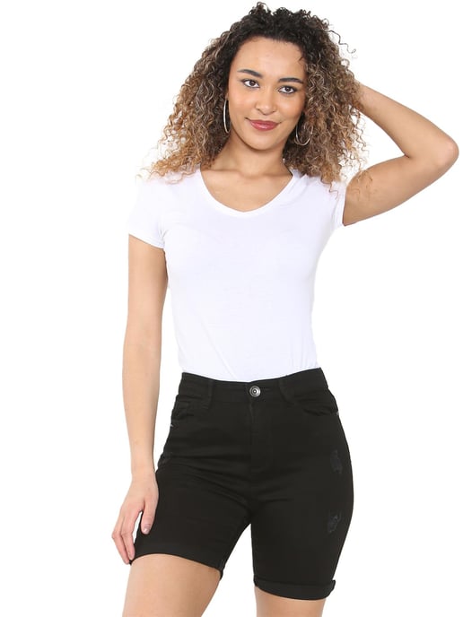 Enzo | Womens Ripped Denim Shorts - Black