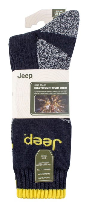 Mens Heavy Duty Work Socks with Arch Support | Jeep | Full Cushion High Performance Cotton Boot Socks with Reinforced Heel and Toe - Navy / Grey - Image 2