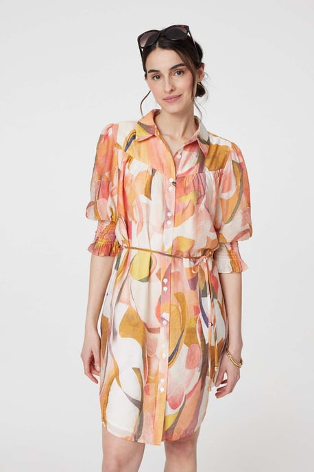 Orange Printed 3/4 Puff Sleeve Shirt Dress