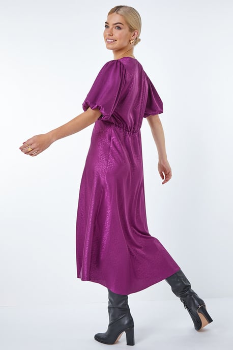 Puff Sleeve Satin Midi Dress