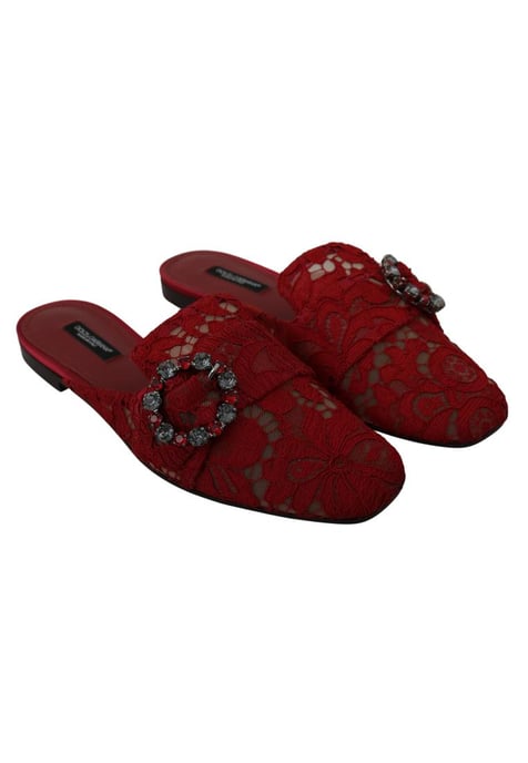 Dolce & Gabbana Women's Red Lace Crystal Slide On Flats Shoes