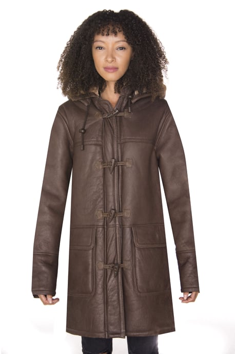 Womens Brown Hooded Sheepskin Leather Duffle Coat-Charlotte