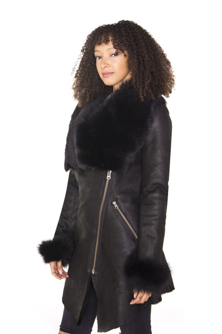 Womens Black Merino Shearling Coat with Toscana Collar-Fortaleza
