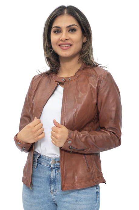 Womens Tan Leather Biker Jacket-Prague