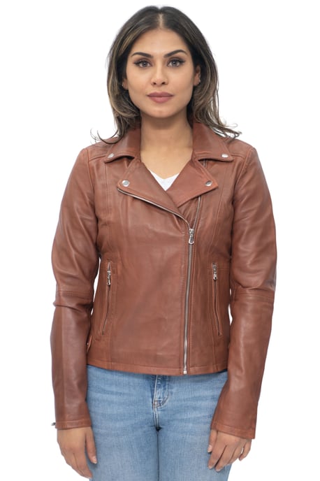 Women's tan leather biker jacket - Sacramento