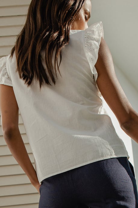 White 'Banana' Cotton Broderie Frill Sleeve Blouse
