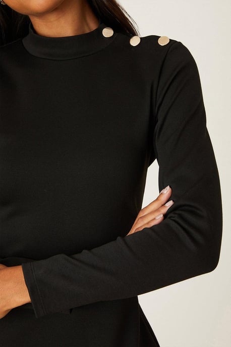 Black Ponte High Neck Button Mini Dress - Image 4