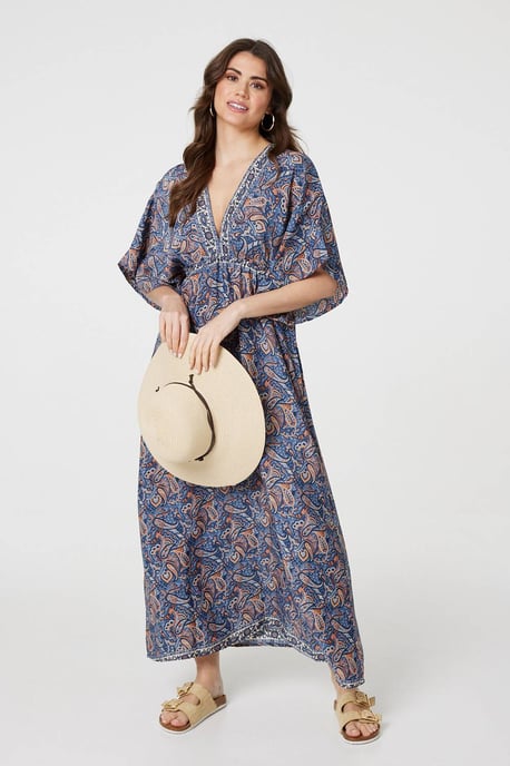 Navy Paisley Print Kimono Sleeve Midi Dress
