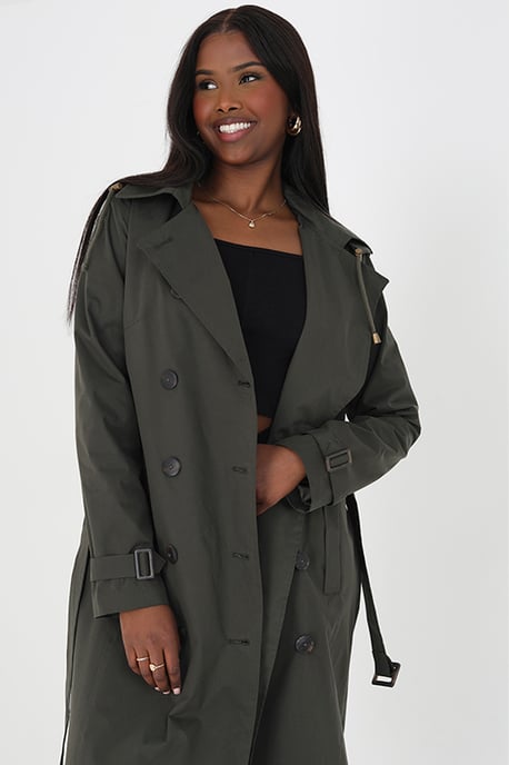 Khaki Double-Breasted Longline Trench Coat With Detachable Hood
