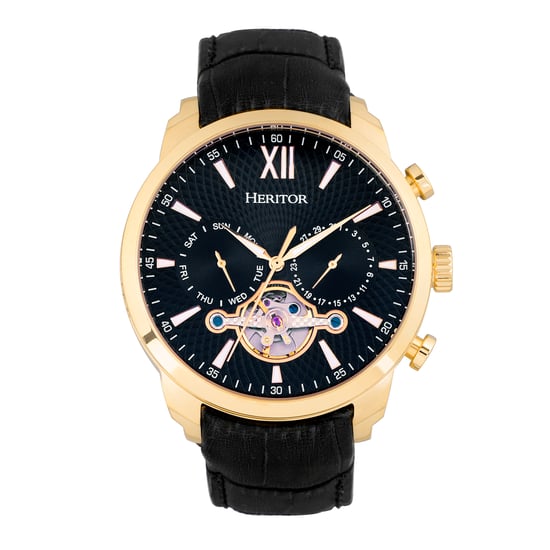 Heritor Automatic Arthur Semi-Skeleton Leather-Band Watch w/ Day/Date