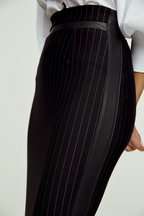 Striped Black Pencil Skirt with Leather Detail
