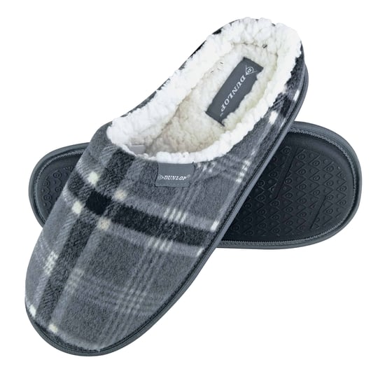 Dunlop - Mens Warm Plush Fleece Lined Slip on Mule Checked Plaid House Slippers - Image 1