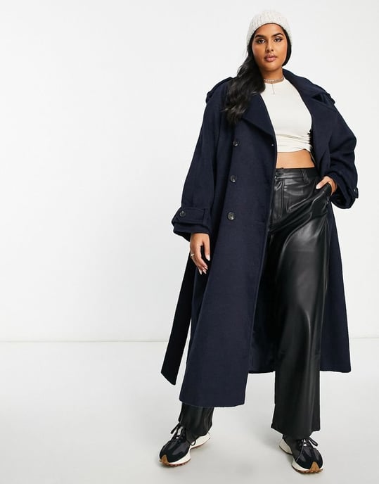ASOS DESIGN Curve oversized brushed formal trench wool mix coat in navy