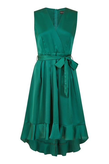 Mela Green Satin Dipped Hem Wrap Over Midi Dress