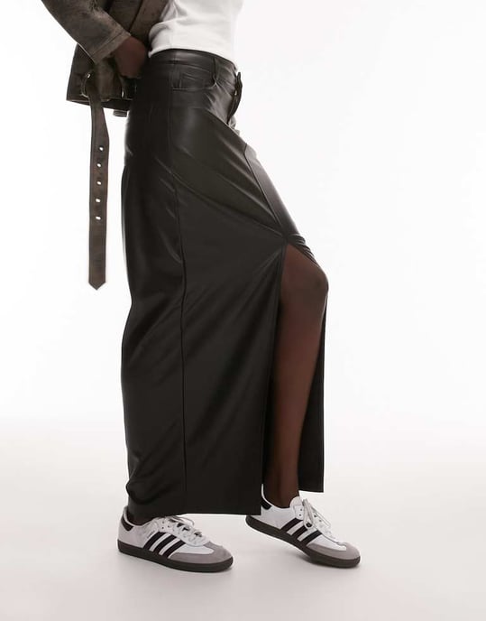 Topshop Tall leather look denim styled maxi skirt in black