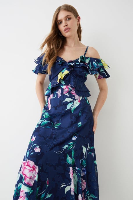 Georgette Jacquard Frill Midi Dress