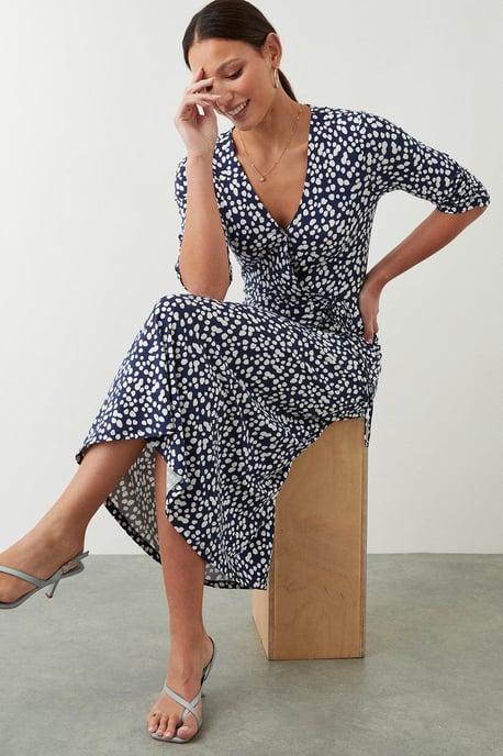 Navy Spot Print  Wrap Midi Dress - Image 1