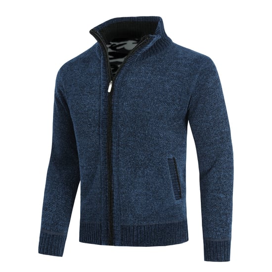 Men's Cardigan with Zip and Stand-Up Collar, Lined Chunky Knit Pullover Navy Blue - Image 2